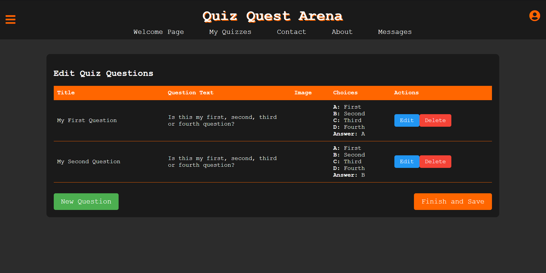 Questions screen
